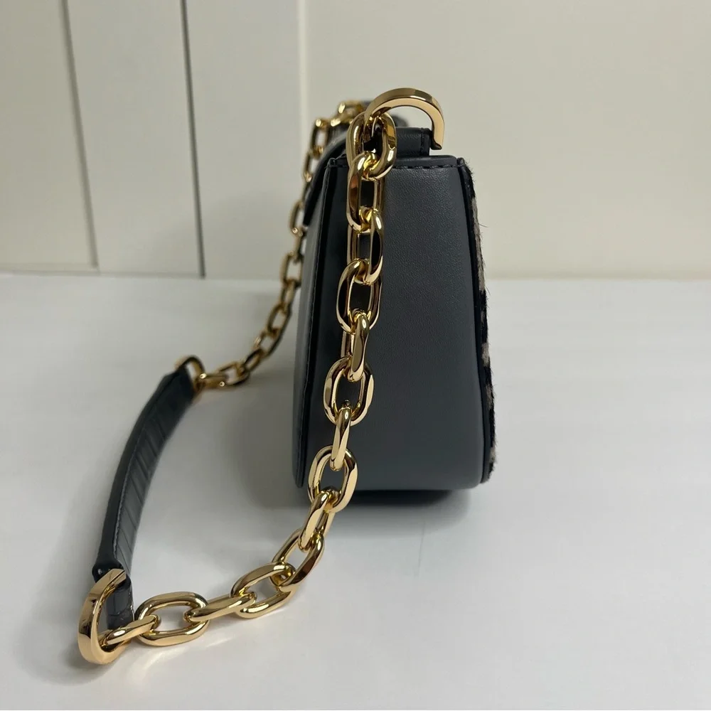 Michael Kors Carmen Small Gray Leather Leopard Haircalf Pouchette Handbag Purse - Picture 6 of 9